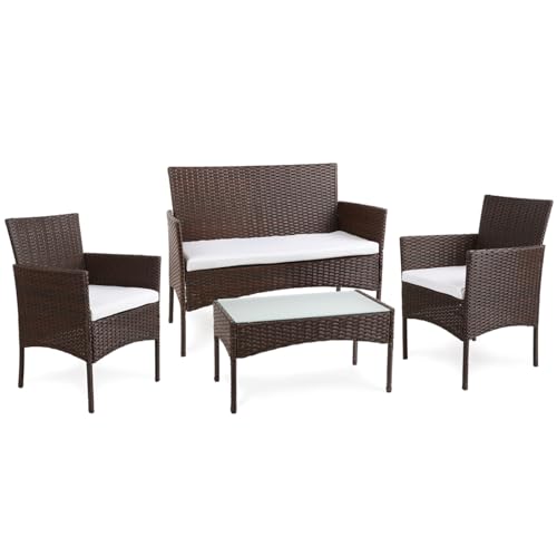 BENEFFITO Tulum - Gartenmöbel 4-Sitzer - 1 Sofa, 2 Sessel, 1 Couchtisch - Wasserabweisende und Abziehbare Kissen mit Reißverschluss - Braun/Beige von BENEFFITO