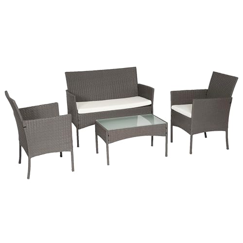 BENEFFITO Tulum - Gartenmöbel 4-Sitzer - 1 Sofa, 2 Sessel, 1 Couchtisch - Wasserabweisende und Abziehbare Kissen mit Reißverschluss - Grau/Beige von BENEFFITO