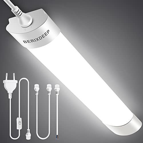 Feuchtraumleuchte LED 40cm, 18W 1800lm 4000K Wasserdichte Feuchtraumleuchte mit Kabel und Stecker, IP66 Decken-LED-Leuchtstoffstreifen Neutralweiß für Garage, Keller, Werkstatt, Feuchtraum Büro von BERIXDEEP