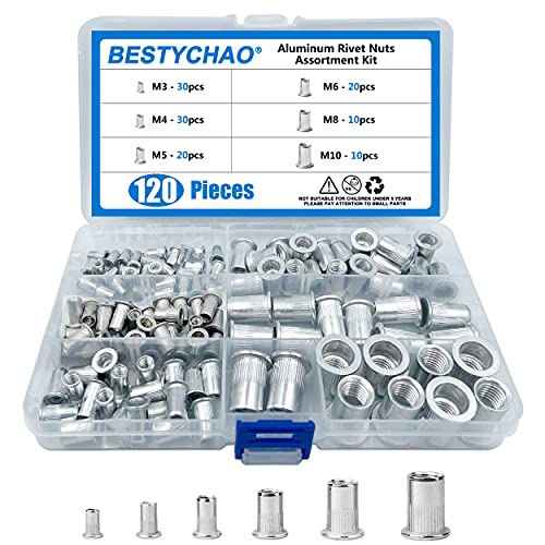 BESTYCHAO 120 Stück Aluminium-Nietmuttern, Flachkopf-Gewindeeinsatz, Nietmuttern, Nietmuttern, Sortimentskit M3, M4, M5, M6, M8, M10 von BESTYCHAO