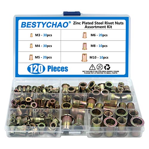 BESTYCHAO Nietmutter Sortiment, 120 Stück M3 M4 M5 M6 M8 M10 Verzinkter Stahl Flachkopf Gewinde Rivet Nutsert Cap Sortiment Kit von BESTYCHAO