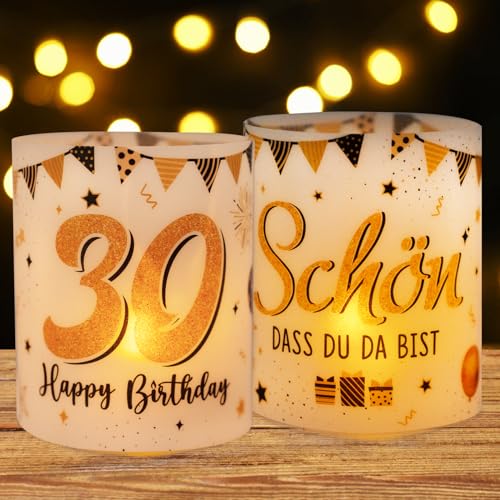 BETESSIN 12 Windlicht Tischdeko Geburtstag 30 Happy Birthday Teelichter Lichthülle Schön DASS du da bist Mini Kerzen Deko Gold Schwarz Geburtstagsdeko Teelichter Kerzen Dekoration Geschenkidee von BETESSIN