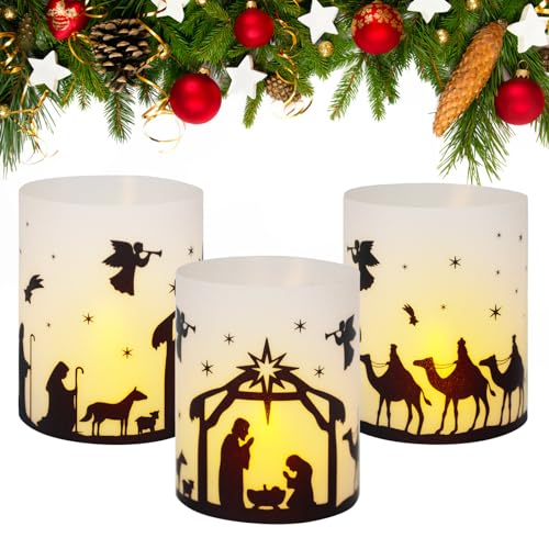 BETESSIN 12Pcs Windlicht Tischdeko Weihnachten Deko Mini Tischlichter Christmas Kerzen Deko Jesus Geburt Teelichter Lichthülle Teelicht Indoor Outdoor Garten Kerzen Dekoration von BETESSIN