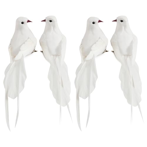 BETESSIN 4Pcs Künstliche Taube Vogel Deko Figuren Künstliche Vögel Deko mit Clip Weiß Vogelfigur mit Halterungsklammer Mini Vogel Dekofigur für Garten Frühling Deko Party Dekoration von BETESSIN