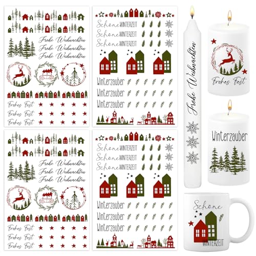 BETESSIN 4x Kerzen Tattoos Folie Kerzentattoo Frohe Weihnachten Kerzenfolie Weihnachten Sprüche Sticker Bunte Kerzensprüche Kerzensticker für Stabkerzen Kleine Kerzen Tasse DIY Geschenk von BETESSIN