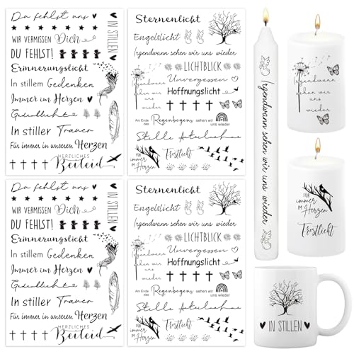 BETESSIN 4x Kerzen Tattoos Folie Trauer Sprüche Kerzentattoo Kerzenfolie Sticker Kerzensprüche Schwarz Kerzensticker Trauerlicht Stabkerzen Kleine Kerzen Tasse Dekoration von BETESSIN