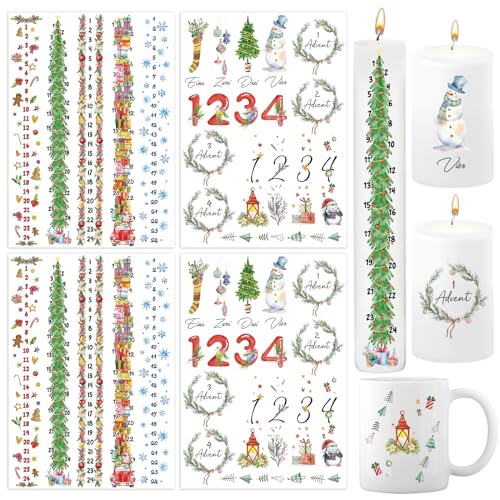 BETESSIN 4x Kerzen Tattoos Folie Weihnachten Advent Kerzen mit Zahlen Adventskerzen 1-24 Kerzenfolie Sprüche Bunte Kerzensprüche Kerzensticker Kerzenaufkleber für Stabkerzen Kleine Kerzen Tasse von BETESSIN