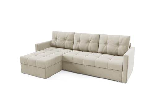 BETTSO - Ecksofa mit Schlaffunktion Olivia, Schlafsofa mit Bettkasten Couch, Wohnlandschaft, Bequemer Sitz, Gesteppter Stoff - 230x140x86cm, mit DL-Automat, mit 2 Bettzeugfach, Beige BETTSO - Ecksofa mit Schlaffunktion Olivia, Schlafsofa mit Bettkasten Couch, Wohnlandschaft, Bequemer Sitz, Gesteppter Stoff - 230x140x86cm, mit DL-Automat, mit 2 Bettzeugfach, Beige von BETTSO