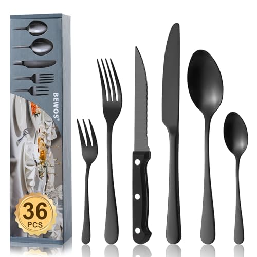 BEWOS 36-teiliges Schwarz Besteck set mit Steakmesser Service für 6, Premium-Edelstahl-Bestecksets für Haus & Küche, Hochwertiges Messer-Löffel-Gabel-Besteck-Set Hochglanzpoliert, Spülmaschinenfest von BEWOS