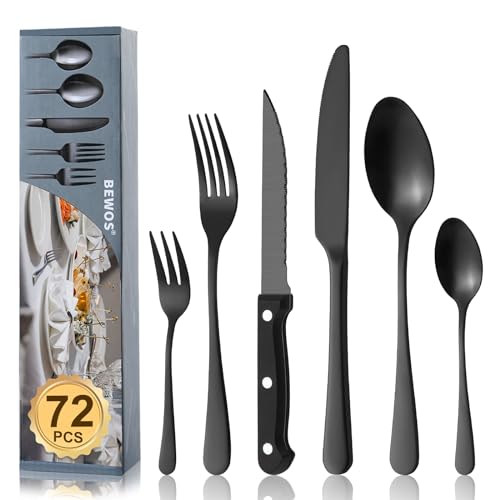 BEWOS 72-teiliges Schwarz Besteck set mit Steakmesser Service für 12, Premium-Edelstahl-Bestecksets für Haus & Küche, Hochwertiges Messer-Löffel-Gabel-Besteck-Set Hochglanzpoliert, Spülmaschinenfest von BEWOS