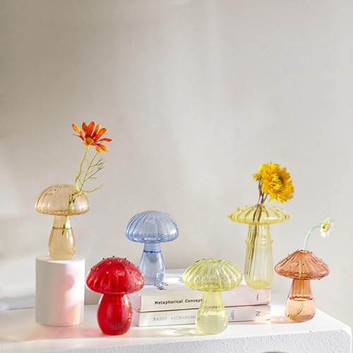 BFYDOAA Farbige Glasvasen-Set mit 6 Mini-Pilz-Terrarium-Hydrokultur-Pflanzen, Anzuchtstation für Blumen, Schilf-Diffusor, Tischdekoration von BFYDOAA