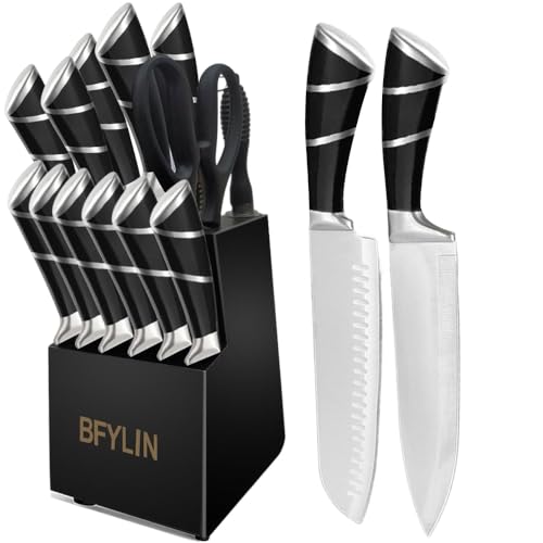 BFYLIN Messer set, 15 Teiliges Küchenmesser set mit Holzblock, Messer block set,Santokumesser Kochmesser Brotmesser Schälmesser Steakmesser Anspitzer (15 Stücke Set Schwarz) von BFYLIN