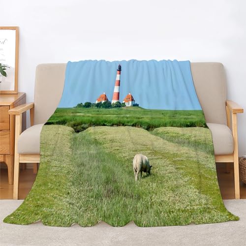 BIAFRA Kuscheldecke Flauschig Leuchtturm Print Überwurfdecke 150 x 200, Felder Pflanzen Flanelldecke, Gemütliche Mikrofaser-Decken für Couch, Sofa, Schlafzimmer, Dekorativ von BIAFRA