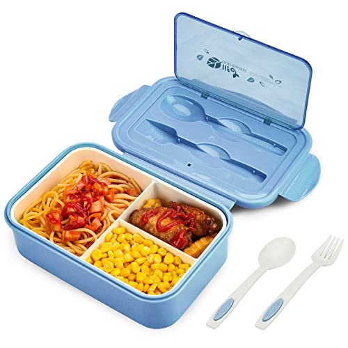 BIBURY Lunch Box, Bento Box, Brotdose mit 3 Fächern und Besteck, Auslaufsicher Brotzeitbox Kühlschrank Spülmaschinenfest Mikrowellengeeignet, Brotdosen für Schule Arbeit Picknick Reisen(Blau) von BIBURY