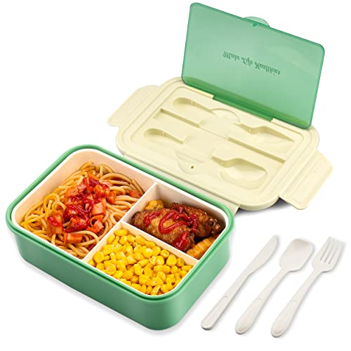 BIBURY Lunch Box, Bento Box, Brotdose mit 3 Fächern und Besteck, Auslaufsicher Brotzeitbox Kühlschrank Spülmaschinenfest Mikrowellengeeignet, Brotdosen für Schule Arbeit Picknick Reisen(Grün) von BIBURY