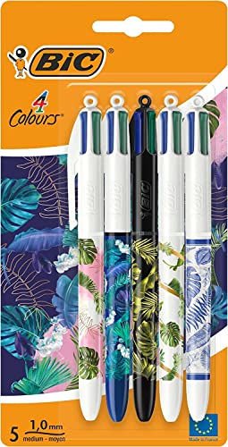 BIC 4 Farben Kugelschreiber Set 4 Colours Dekor Botanik, verschiedene Designs, 5er Pack, nachfüllbar, Ideal für das Büro, das Home Office oder die Schule von BIC