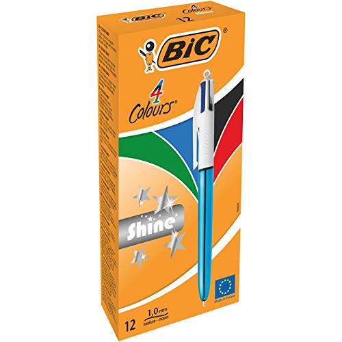 BIC 4 Farben Kugelschreiber Set 4 Colours Shine, Schaft in metallic blau, 12er Pack, Ideal für das Büro, das Home Office oder die Schule von BIC