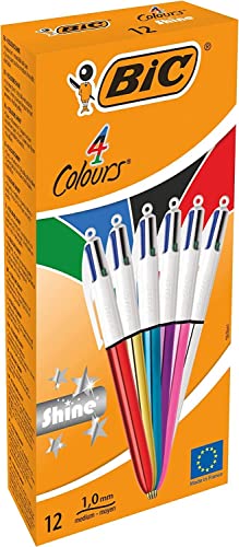 BIC 4 Farben Kugelschreiber Set 4 Colours Shine, in verschiedenen Farben, 12er Pack, Ideal für das Büro, das Home Office oder die Schule von BIC