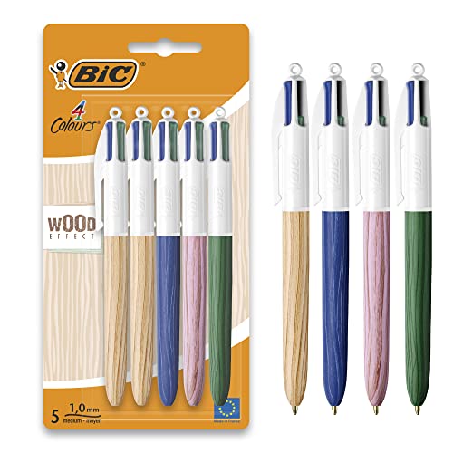 BIC 4 Farben Kugelschreiber Set 4 Colours Wood Effect, 5er Pack, in Holzoptik, nachfüllbar, Ideal für das Büro, das Home Office oder die Schule, 1 Stück (5er Pack) von BIC