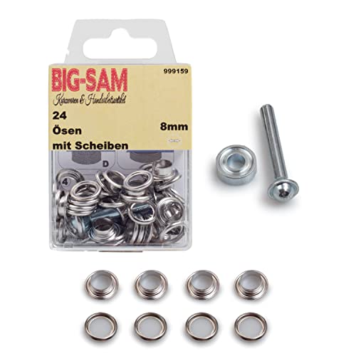 BIG-SAM - Ösen mit Scheiben | Innendurchmesser 4, 5, 8, 11 oder 14mm | Silberfarben, Goldfarben, Altmessing, Altkupfer, Brüniert | in Dosenverpackung mit Werkzeug und Anleitung (Silber, 8mm) von BIG-SAM