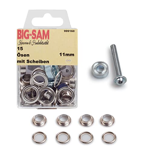 BIG-SAM - Ösen mit Scheiben | Innenurchmesser 4, 5, 8, 11 oder 14mm | Silberfarben, Goldfarben, Altmessing, Altkupfer, Brüniert | mit Werkzeug und Anleitung (Silber, 11mm) von BIG-SAM