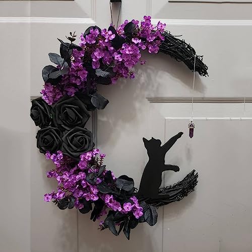 BIOSA Halloween Kränze Dekor for Haustür, Halbmond-Katzenkranz mit Rose Gothic Kranz Floral Katze Kranz Hängende Willkommen Kranz Zeichen Halloween Dekorationen von BIOSA