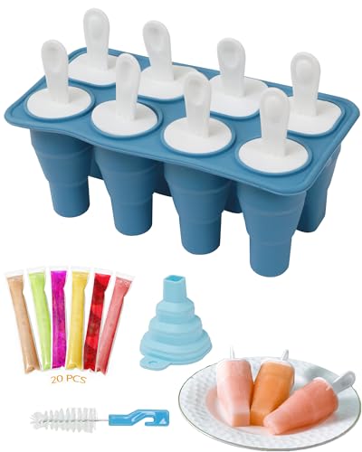 BIQIQI Faltbare Eis am Stiel-Formen, 8 Gitter, Silikon Eisformen, mit 20 Stück Eis am Stiel Beuteln, BPA-Frei, DIY Eis am Stiel Formen Set mit Trichter und Reinigungsbürste (Blau) von BIQIQI