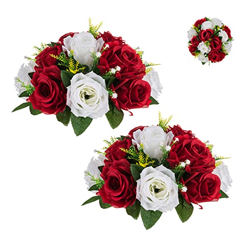 BLOSMON Blumenstrauß Blumengestecke Künstlich Deko Rose 2 Pcs Karminrot & Weiß Künstliche Blumenstrauss Blumen Tischdekoration Blumenkugel Valentinstag Rosenstrauss for Hochzeit Muttertagsgeschenk von BLOSMON