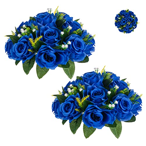 BLOSMON Blumenstrauß Blumengestecke Künstlich Deko Rose 2 Pcs Königsblau Künstliche Blumenstrauss Blumen Tischdekoration Blumenkugel Valentinstag Rosenstrauss Echt for Hochzeit Muttertagsgeschenk von BLOSMON