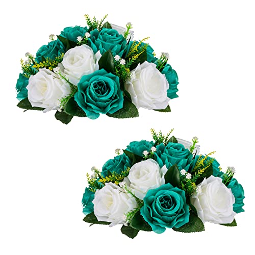 BLOSMON Blumenstrauß Blumengestecke Künstlich Deko Rose 2 Pcs Künstliche Blumenstrauss Blau-Grün & Weiß Blumen Tischdekoration Blumenkugel Valentinstag Rosenstrauss for Hochzeit Muttertagsgeschenk von BLOSMON