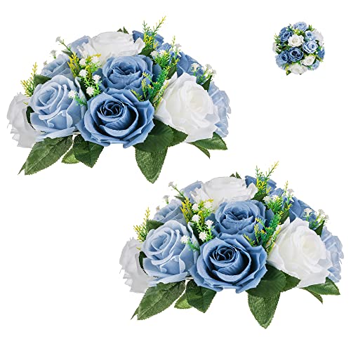 BLOSMON Blumenstrauß Blumengestecke Künstlich Deko Rose 2 Pcs Staubblau Künstliche Blumenstrauss Blumen Tischdekoration Blumenkugel Valentinstag Rosenstrauss Echt for Hochzeit Muttertagsgeschenk von BLOSMON