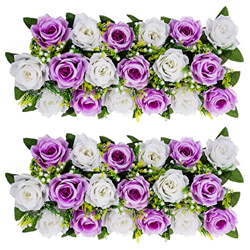 BLOSMON Rosen Kunstblumen Hochzeitsdeko Künstliche Blumen 2 Pcs Lila Weiß Rose Tischdeko Hochzeit Kuenstlich Blume Dekoration Seidenblumen Blumenstrauss Gesteck Fuer Home Babyparty Tisch Mittelstück von BLOSMON