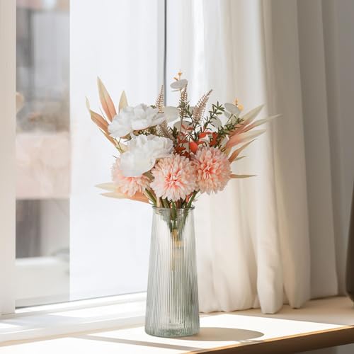 BLOSMON Künstliche Blumen mit Vase Glas: Kunstblumen wie echt Champagner Blumenstrauß Pflanzen im Topf für Geschenk Wohnzimmer Deko Schlafzimmer Hochzeit Dekoration Zuhause Tischdeko von BLOSMON