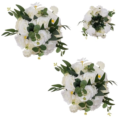 BLOSMON Kunstblumen Blumenstrauß Blumenkugeln Tischdeko Hochzeitsdeko 2 Stück Weiß 24cm Künstliche Rosen Flower für Hochzeit Tisch Dekoration Blumengesteck Künstlich für Wohnzimmer Party Deko von BLOSMON