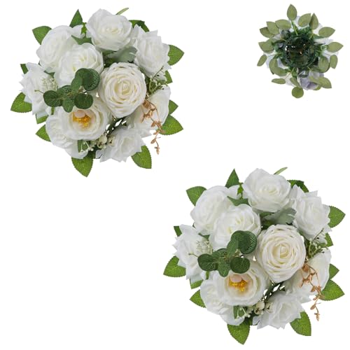 BLOSMON Kunstblumen Blumenstrauß Blumenkugeln Tischdeko Hochzeitsdeko 2 Stück Weiß Künstliche Rosen Flower für Hochzeit Tisch Dekoration Blumengesteck Künstlich für Wohnzimmer Geburtstag Party Deko von BLOSMON