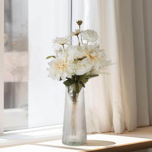 BLOSMON Kunstblumen Blumenstrauß mit Vase Glas: Künstliche Blumen Weiß Blumengestecke Pflanzen wie echt im Topf für Geschenk Wohnzimmer Deko Schlafzimmer Hochzeit Dekoration Zuhause Tischdeko von BLOSMON