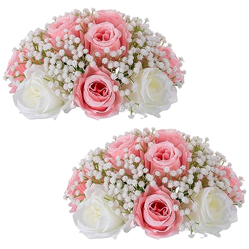 BLOSMON Kunstblumen Rosen Schleierkraut Tischdeko: 2 Stück Rosa Künstliche Rose Gypsophila Blumenstrauß Blumenkugeln für Hochzeitsdeko Party Mittelstücke Dekoration Zuhause Zimmer Deko von BLOSMON