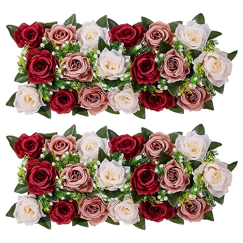 BLOSMON Rosen Kunstblumen Hochzeitsdeko Künstliche Blumen 2 Pcs Burgund Creme Weiß Rose Tischdeko Hochzeit Kuenstlich Blume Dekoration Seidenblumen Blumenstrauss Gesteck Fuer Home Babyparty Deko von BLOSMON