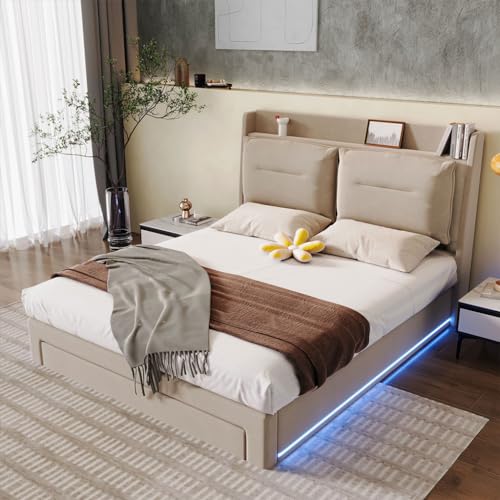 BLUON HOME LED-Licht-Polsterbett, hydraulisches Bett, 2-in-1 Stauraumschubladen am Bettende, eingelassene LED-Lichtleisten an beiden Bettseiten, Lattenrost, ohne Matratze, Samt (160 Beige) von BLUON HOME