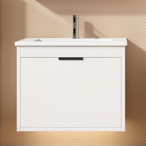 BLUON HOME Waschbeckenunterschrank hängend 60cm breit,mit Keramikwaschbecken,Spiegelschrank,weiß (Waschbecken) von BLUON HOME