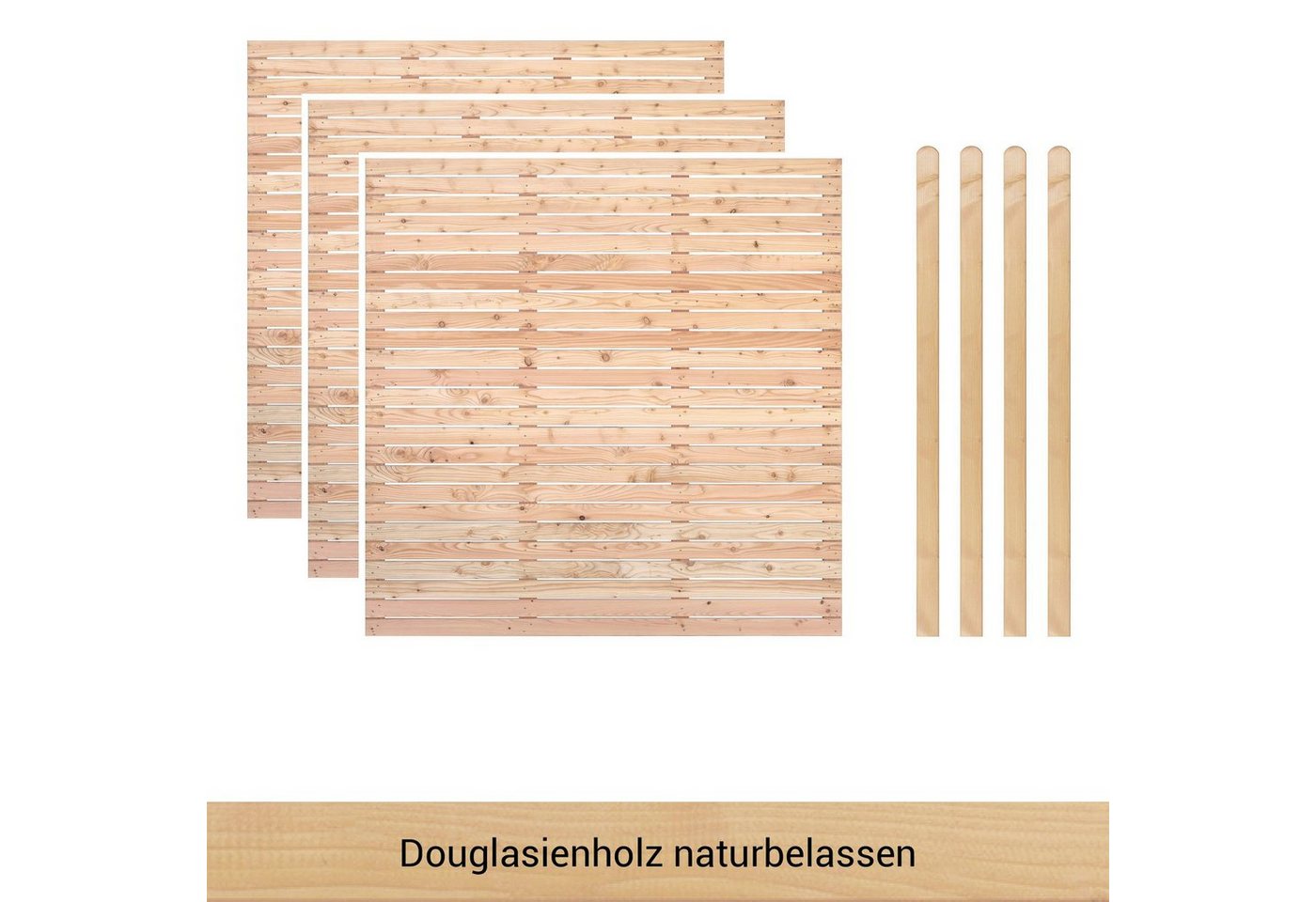 BM Massivholz Zaun Kurt Set 3, (Set), 3 Zaunelemente 180 x 180cm, 4 Pfosten, Kopf gerundet, Länge 190cm von BM Massivholz