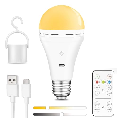 BOBOPAI USB Aufladbare Glühbirne Mit Fernbedienung, 3 Farbtemperaturen, E27 LED Dimmbare Batterie Glühbirne, 7W Touch Control Lampe Mit Timing Funktion, Akku Lampen Mit Haken, 2600mAh,1 pack von BOBOPAI