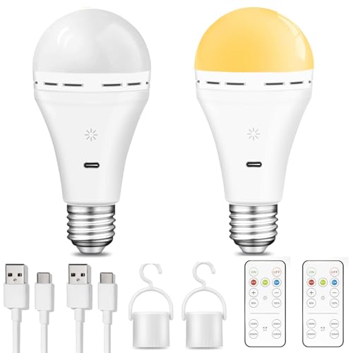 BOBOPAI USB Aufladbare Glühbirne Mit Fernbedienung, 3 Farbtemperaturen, E27 LED Dimmbare Batterie Glühbirne, 7W Touch Control Lampe Mit Timing Funktion, Akku Lampen Mit Haken, 2600mAh,2 pack von BOBOPAI