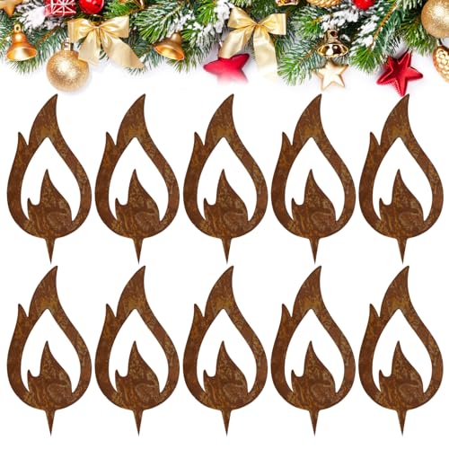 BOFUNX 10 Stücke Rostiges Flamme Edelrost Flammen Deko 10CM Rost Rostkerzen für Weihnachtsdeko Kerze Advent Garten Kerzenflamme zum Stecken von BOFUNX