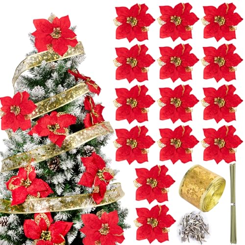 BOFUNX 20 Stück Weihnachtsblumen Rot mit 10M Weihnachtsband Deko, Weihnachtsblumen Künstlich Glitter Weihnachtsbaum Dekoration für Baumschmuck Weihnachten, Neujahr Ornamente von BOFUNX