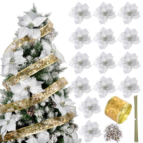 BOFUNX 20 Stück Weihnachtsblumen Silber mit 10M Weihnachtsband Deko, Weihnachtsblumen Künstlich Glitter Weihnachtsbaum Dekoration für Baumschmuck Weihnachten, Neujahr Ornamente von BOFUNX