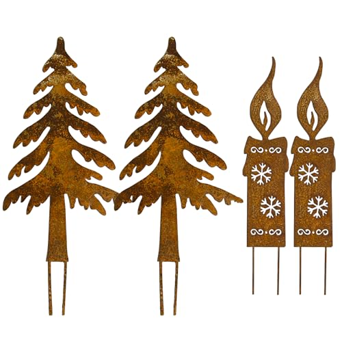 BOFUNX 4PCS Rostiges Weihnachtsbaum Kerzen Gartenstecker Roststecker Weihnachtsdeko Gartendeko aus Metall Rost Deko für Weihnachten Garten Terrasse Balkon von BOFUNX