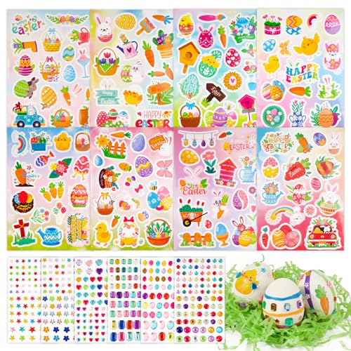 BOFUNX 8 Stücke Ostern Sticker Ostern Aufkleber + 6 Stücke Glitzersteine Strasssteine Aufkleber für Kinder Ostereier Sticker Ostern Geschenkaufkleber Osterdeko von BOFUNX