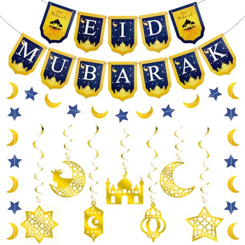 BOFUNX Eid Mubarak Banner Dekorationen Set Gold Stern Mond Ramadan Girlande EID Mubarak Aufhängen für Eid Festival Party Dekoration von BOFUNX