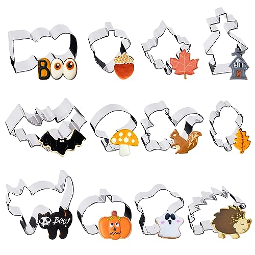 BOFUNX Halloween Ausstechformen Set 12 Stück Ausstecher Halloween Edelstahl Keksausstecher Kürbis Eichhörnchen Ahornblatt Eichel Pilz Igel Katze Hexe Boo Spukhaus Fledermaus Ausstecher (A) von BOFUNX